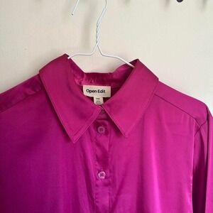 Open Edit hot pink satin button-up blouse